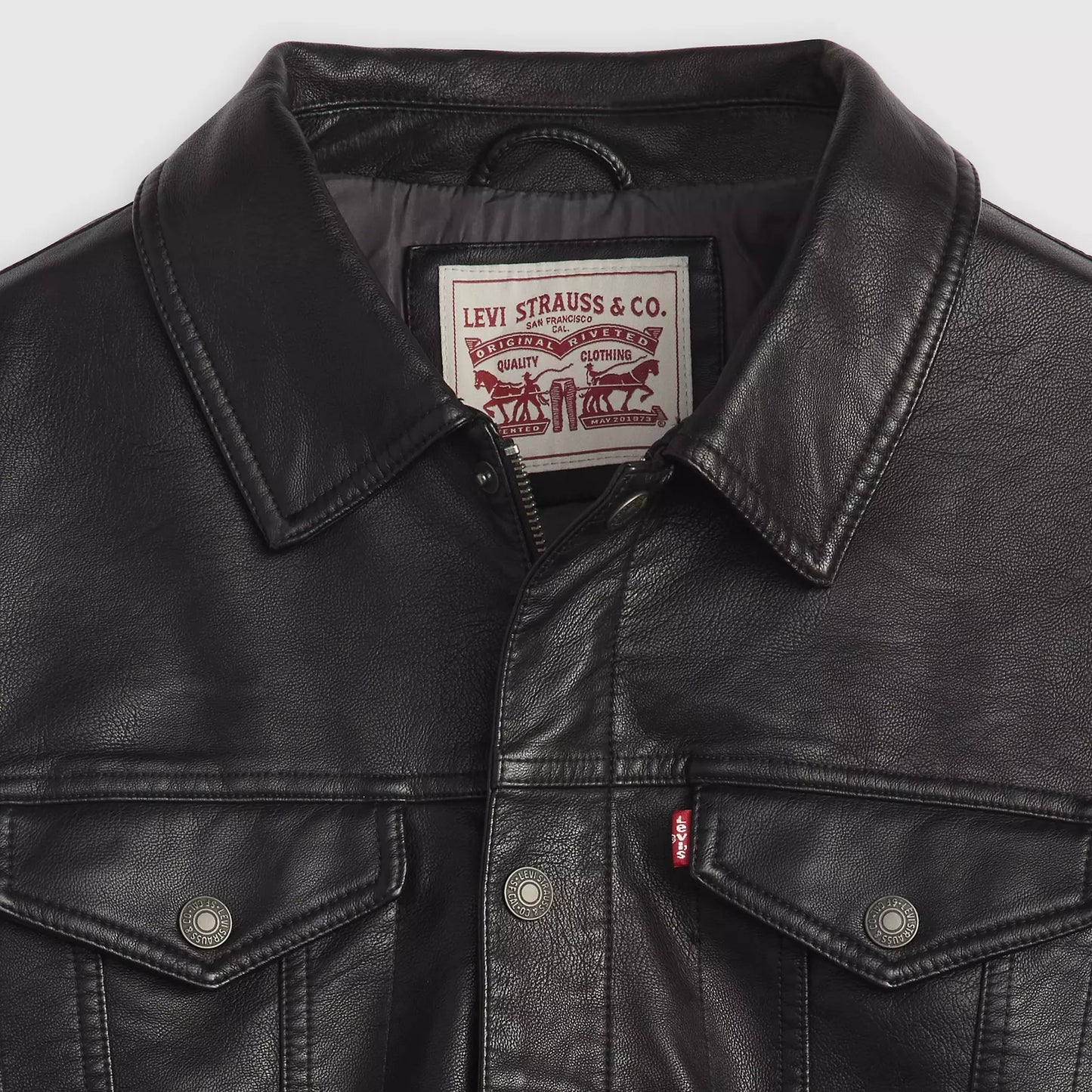 LEVIS  Faux Leather Trucker Jacket Black w Chambray Lining