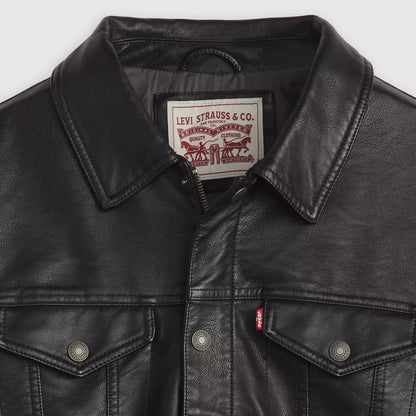 LEVIS  Faux Leather Trucker Jacket Black w Chambray Lining