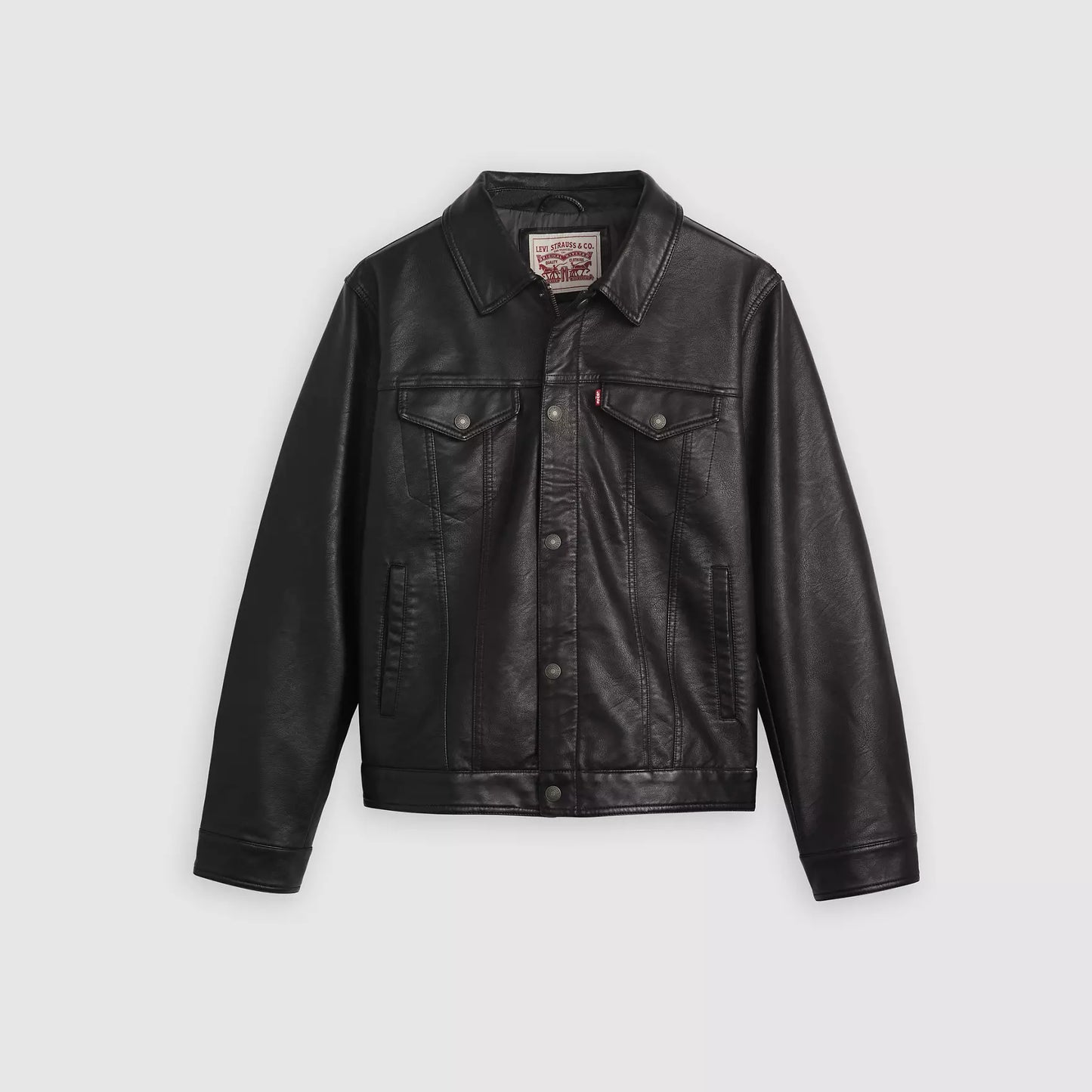 LEVIS  Faux Leather Trucker Jacket Black w Chambray Lining