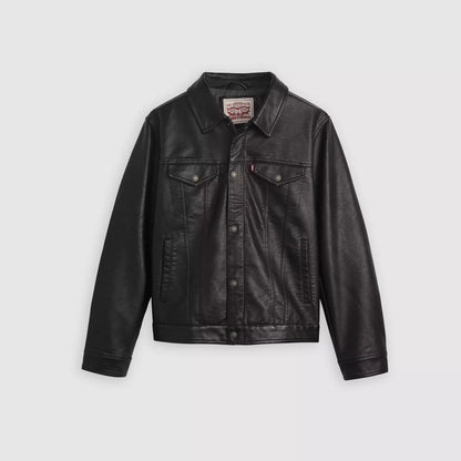 LEVIS  Faux Leather Trucker Jacket Black w Chambray Lining