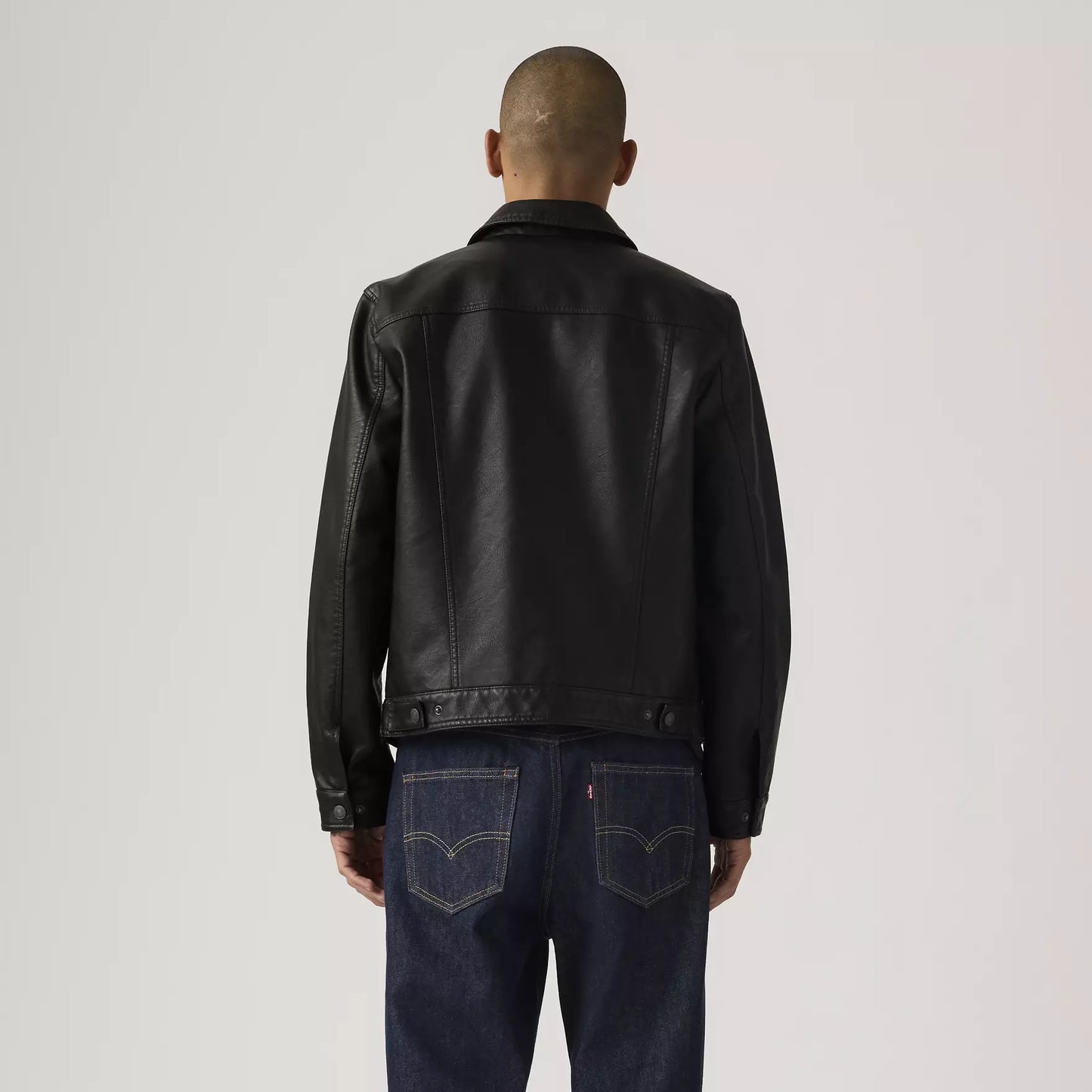 LEVIS  Faux Leather Trucker Jacket Black w Chambray Lining