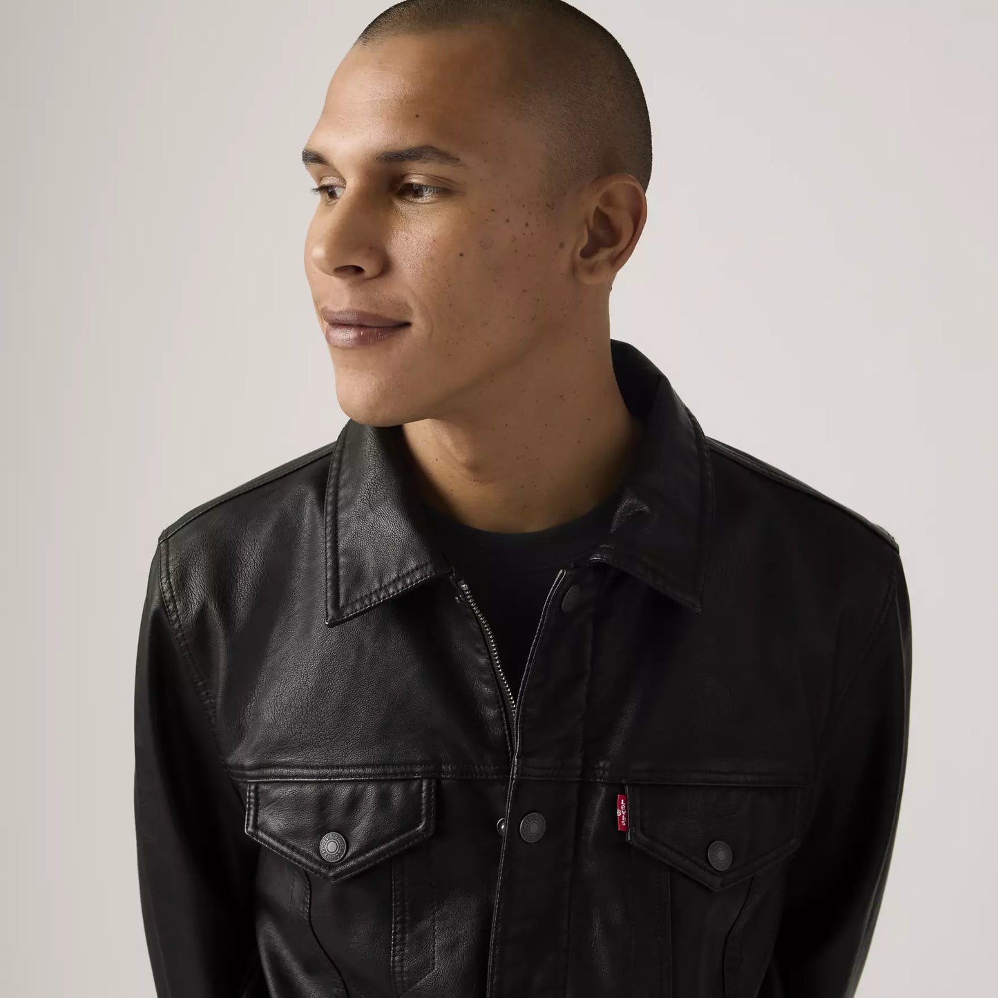 LEVIS  Faux Leather Trucker Jacket Black w Chambray Lining