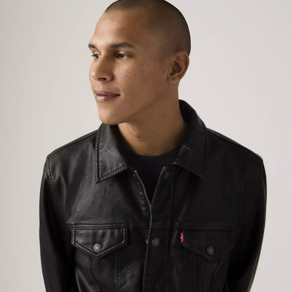 LEVIS  Faux Leather Trucker Jacket Black w Chambray Lining